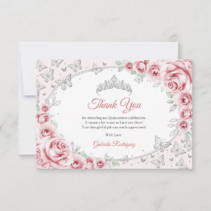 Pink Silver Floral Quinceanera Thank You Card