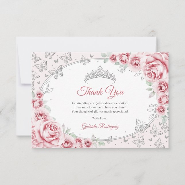 Pink Silver Floral Quinceanera Thank You Card (Front)