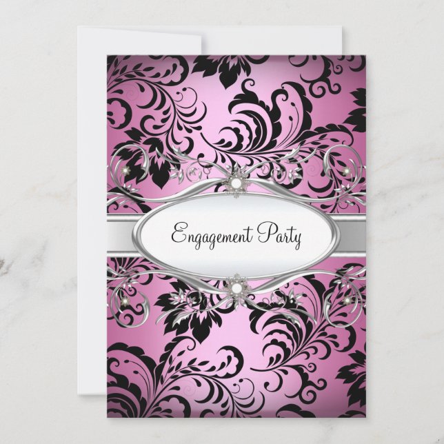 Pink Silver Floral Swirl Engagement Party Invite (Front)