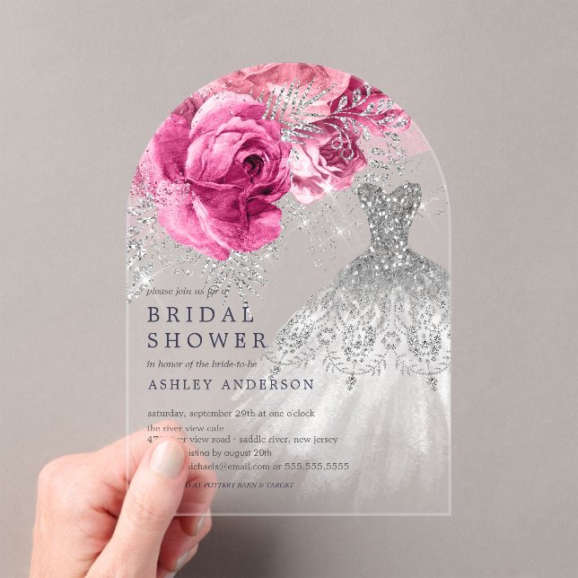 Pink & Silver Floral Wedding Dress Bridal Shower Acrylic Invitations (Insitu (Handheld))