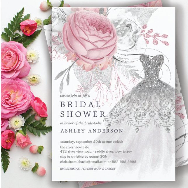 Pink & Silver Floral Wedding Dress Bridal Shower Invitation (Creator Uploaded)