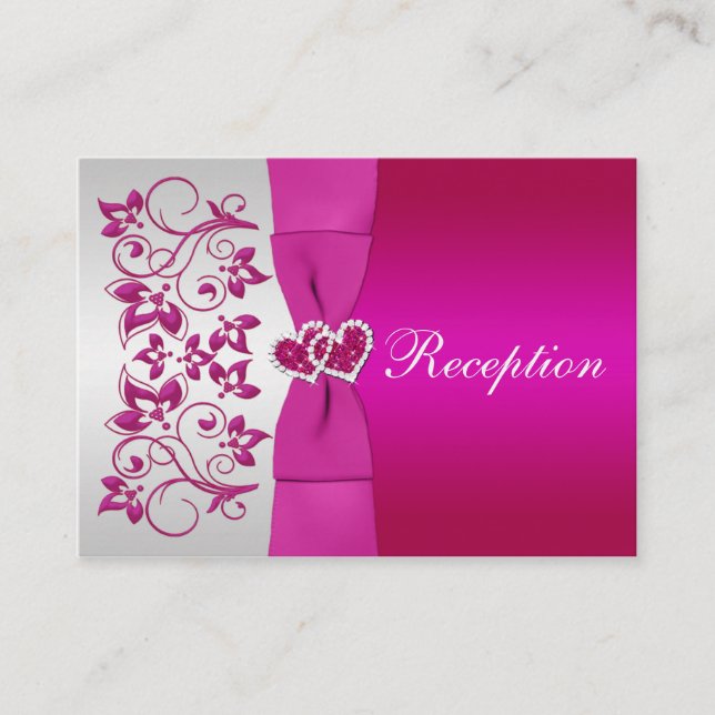 Pink, Silver Floral Wedding Reception Card (Front)
