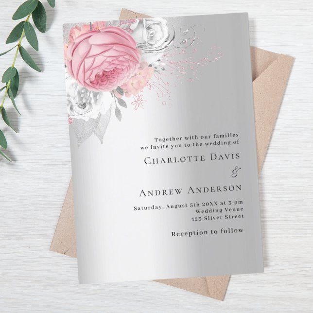 Pink silver florals elegant wedding invitation (Creator Uploaded)