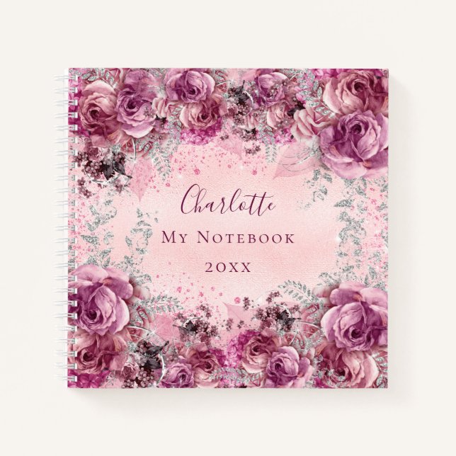 Pink silver flowers name script elegant notebook (Front)