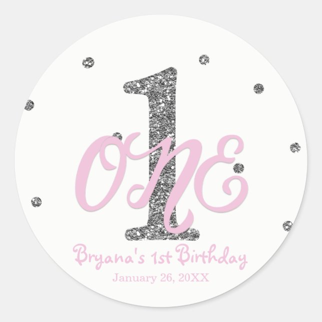 Pink & Silver Girls ONE 1st Birthday Party Favour Classic Round Sticker (Front)