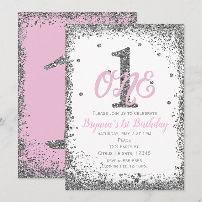 Pink & Silver Girls ONE 1st Birthday Party Invitation (Front/Back)