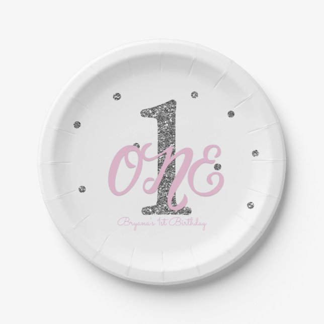 Pink & Silver Girls ONE 1st Birthday Party Paper Plate (Front)