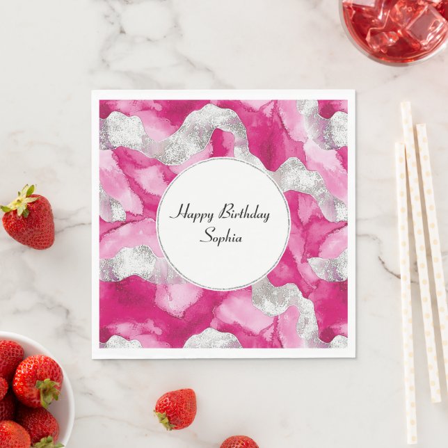 Pink Silver Glam Abstract Birthday Napkin (Insitu)