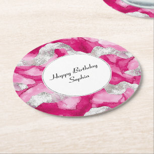 Pink Silver Glam Abstract Birthday Round Paper Coaster