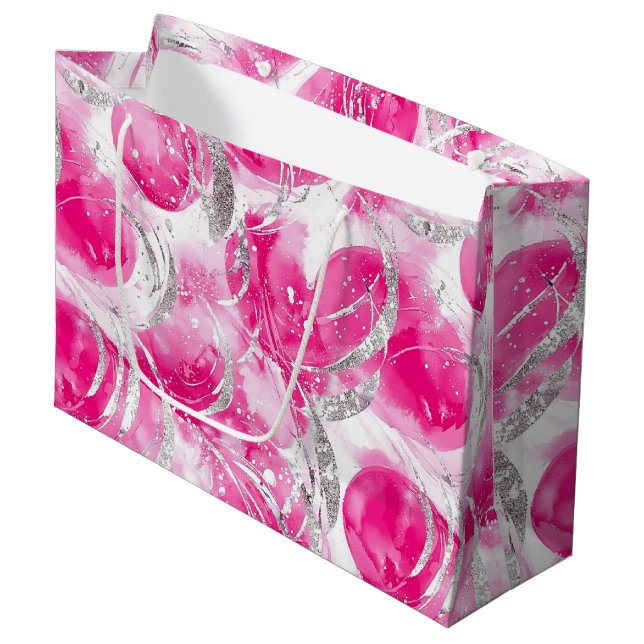 Pink Silver Glam Abstract Circles Birthday Large Gift Bag (Front Angled)