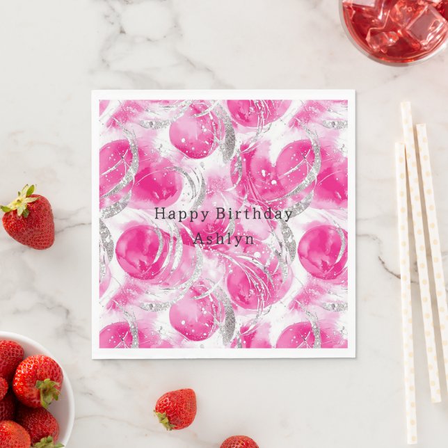 Pink Silver Glam Abstract Circles Birthday Napkin (Insitu)
