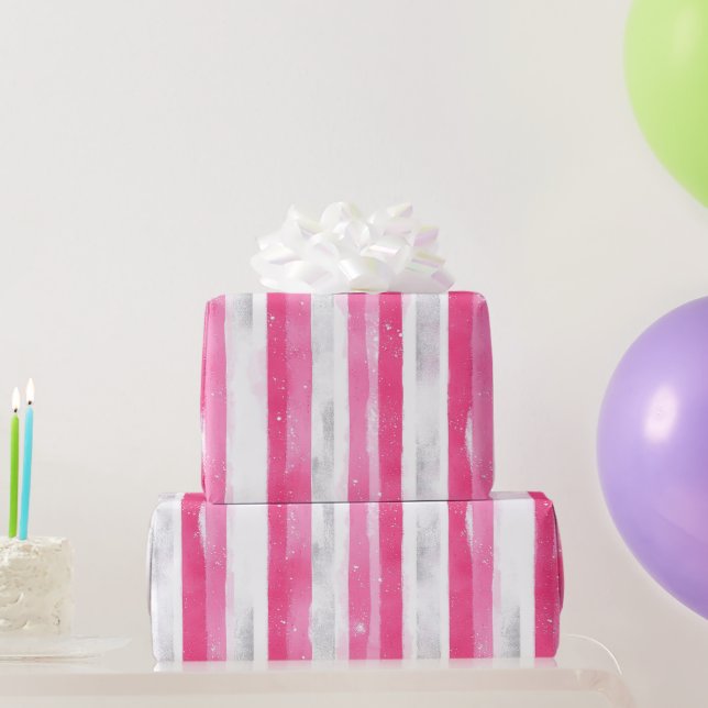 Pink Silver Glam Abstract Stripes Birthday Wrapping Paper (Party Gifts)