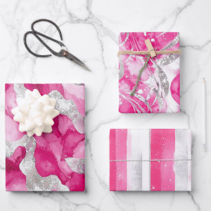 Pink Silver Glam Abstract Stripes Birthday Wrapping Paper Sheet