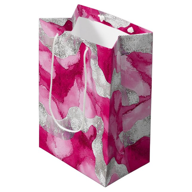 Pink Silver Glam Birthday Medium Gift Bag (Front Angled)