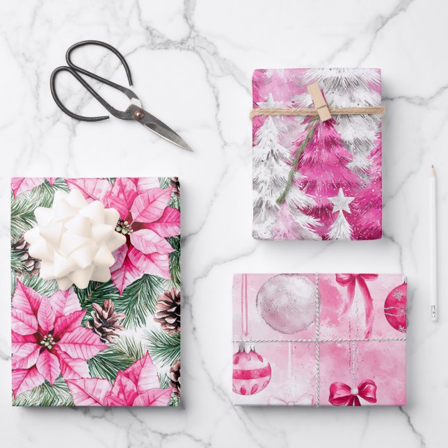 Pink Silver Glam Christmas Trees Flowers Ornaments Wrapping Paper Sheet (Front)