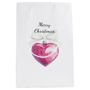 Pink Silver Glam Heart Ornament Christmas Medium Gift Bag