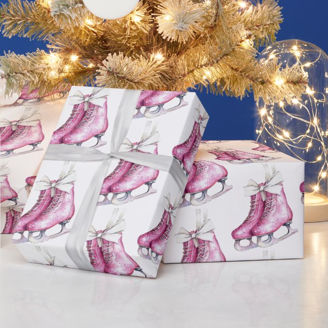 Pink Silver Glam Ice Skates Christmas  Wrapping Paper (Holidays)