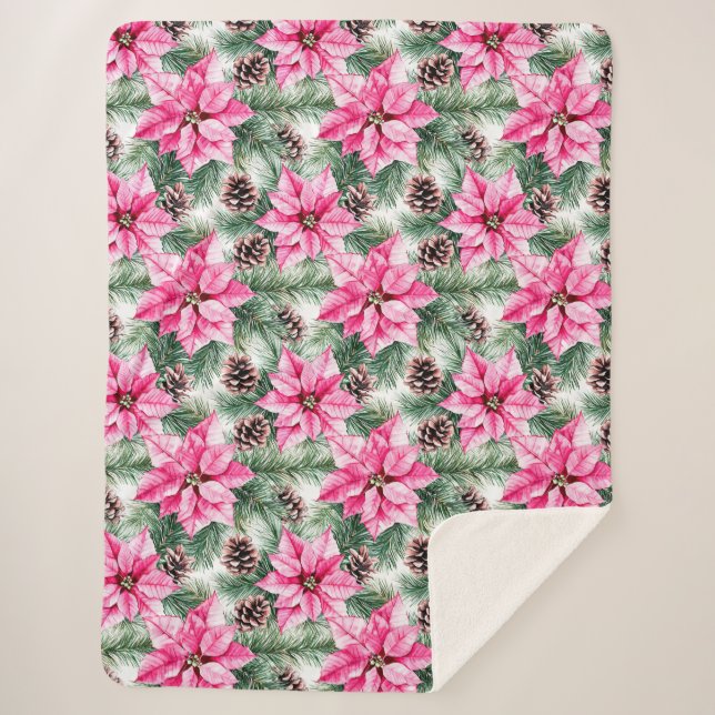 Pink Silver Glam Poinsettia Flowers Christmas Sherpa Blanket (Front)