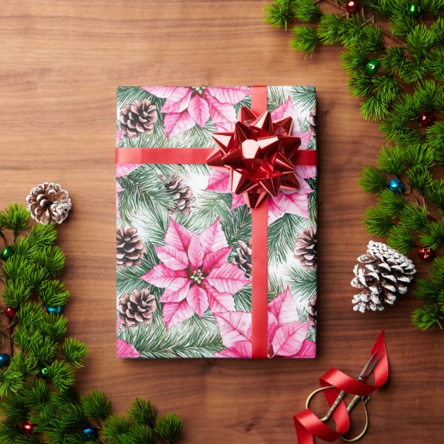 Pink Silver Glam Poinsettia Flowers Christmas Wrapping Paper (Holiday Gift)