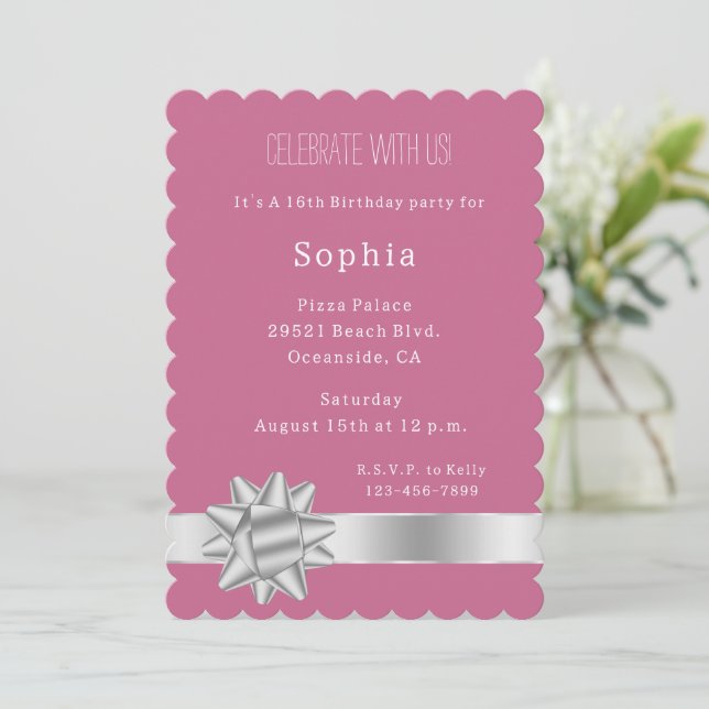 Pink Silver Glam Ribbon and Bow Birthday Invitation (Standing Front)