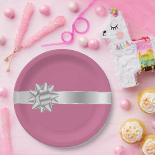 Pink Silver Glam Ribbon Bow Birthday Paper Plate