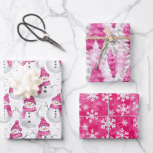 Pink Silver Glam Snowflakes Christmas Tree Snowman Wrapping Paper Sheet