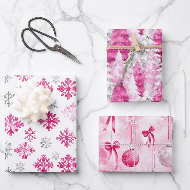 Pink Silver Glam Snowflakes Christmas Trees   Wrapping Paper Sheet (Front)