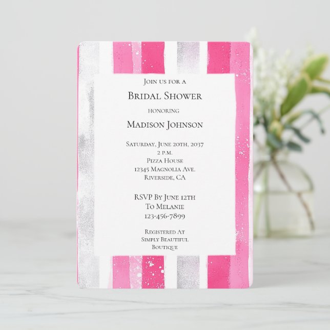 Pink Silver Glam Stripes Bridal Shower Invitation (Standing Front)