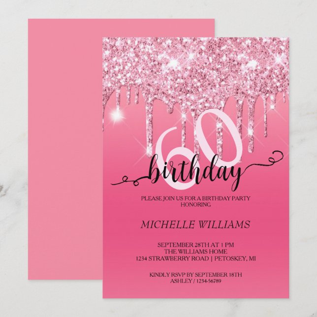 Pink Silver Glitter Calligraphy Birthday Invitation (Front/Back)