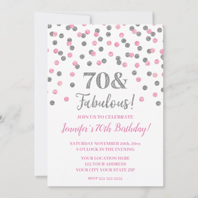 Pink Silver Glitter Confetti 70 and Fabulous Invitation (Back)