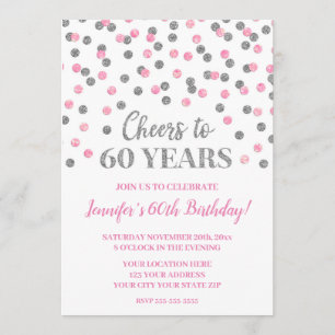 Pink Silver Glitter Confetti Cheers to 60 Years Invitation