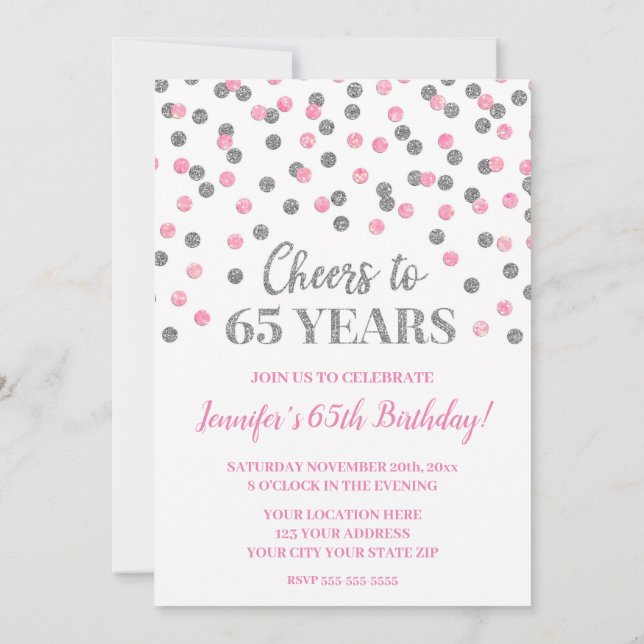 Pink Silver Glitter Confetti Cheers to 65 Years Invitation (Back)