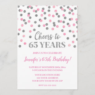 Pink Silver Glitter Confetti Cheers to 65 Years Invitation