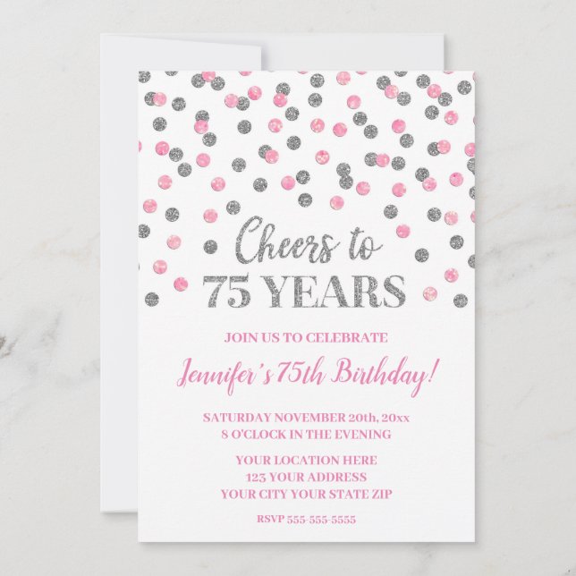 Pink Silver Glitter Confetti Cheers to 75 Years Invitation (Back)