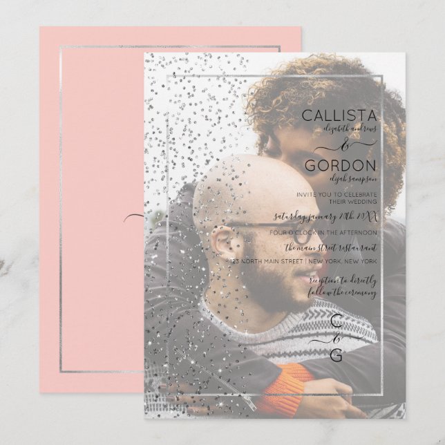 Pink Silver Glitter Confetti Side Photo Wedding Invitation (Front/Back)
