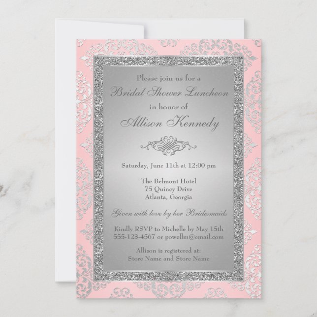 Pink, Silver Glitter Damask Bridal Shower Invite (Front)