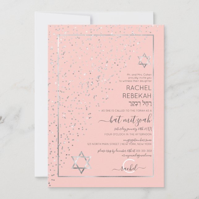Pink Silver Glitter Diagonal Confetti Bat Mitzvah Invitation (Front)