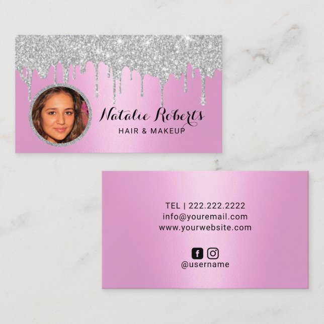 Pink Silver Glitter Drips Beauty Salon Photo Business Card (Front/Back)