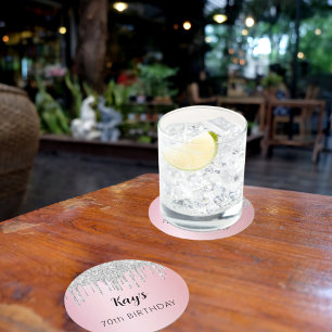 Pink silver glitter drips name birthday round paper coaster