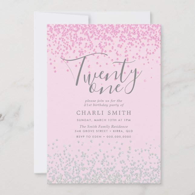 Pink & Silver Glitter Girls 21st Birthday Party Invitation (Front)