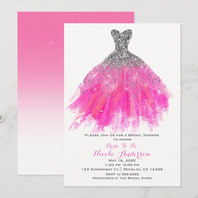 Pink & Silver Glitter Glam Dress Bridal Shower Invitation (Front/Back)