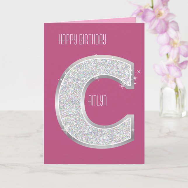 Pink Silver Glitter Letter C Card (Orchid)