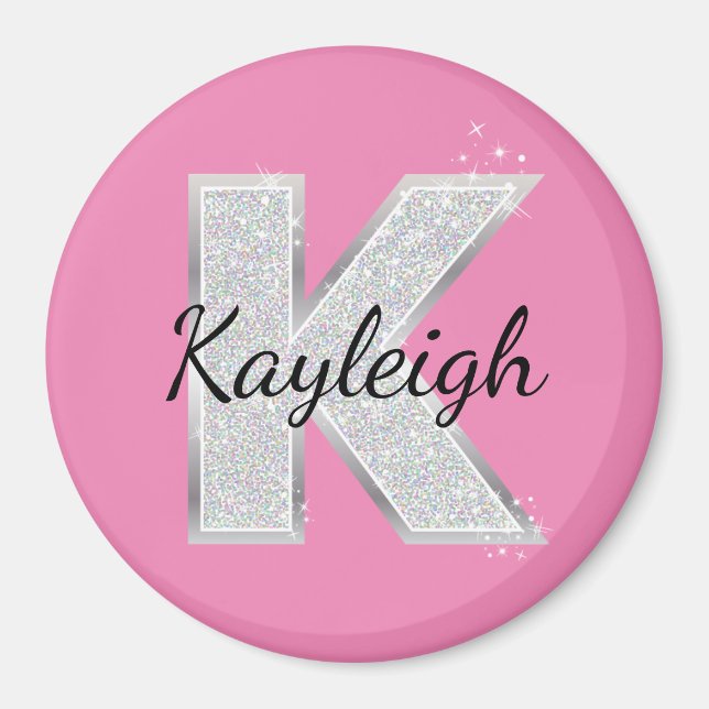 Pink Silver Glitter letter K Magnet (Front)