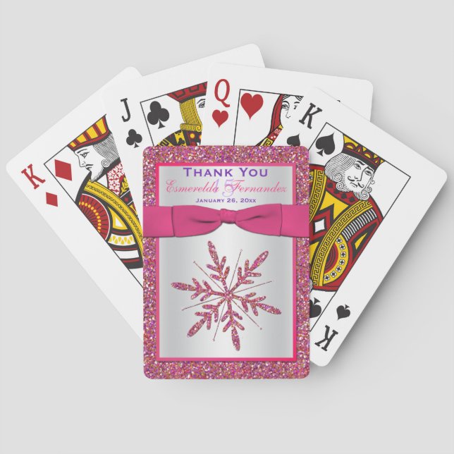 Pink, Silver Glitter LOOK Snowflake Playing Cards (Back)