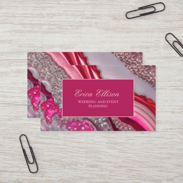 Pink Silver Glitter Marble Wedding Planner Business Card (Front/Back In Situ)