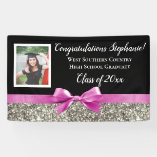Pink Silver Glitter Photo Graduation Banner Sign