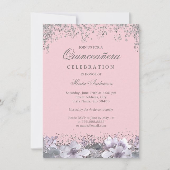 Pink Silver Glitter Purple Flower Quinceanera Invitation (Front)