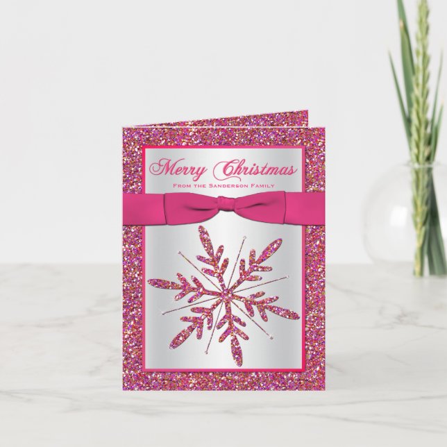 Pink Silver Glitter Snowflake Photo Christmas Card (Front)
