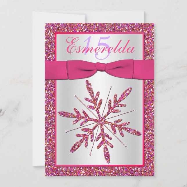 Pink, Silver Glitter Snowflake Quinceanera Invite (Front)