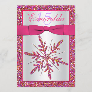 Pink, Silver Glitter Snowflake Quinceanera Invite